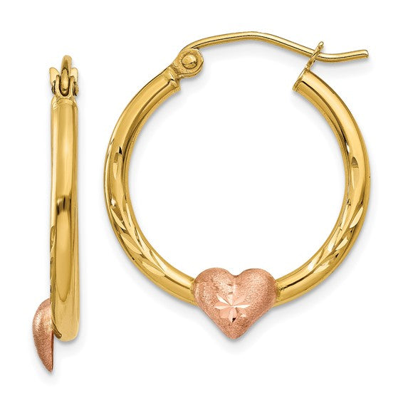 14KT Yellow & Rose Gold Heart Hoop Earrings