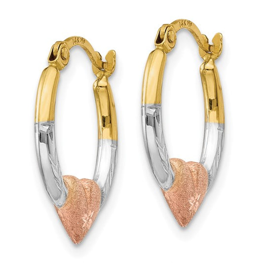 14KT Yellow Gold & White and Rose Rhodium Heart Hoop Earrings