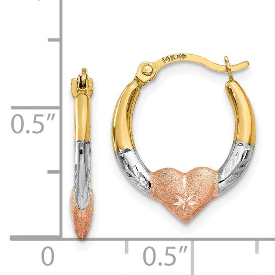 14KT Yellow Gold & White and Rose Rhodium Heart Hoop Earrings