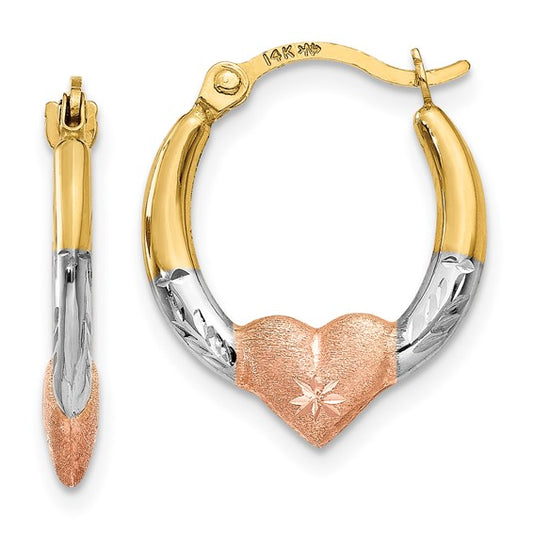 14KT Yellow Gold & White and Rose Rhodium Heart Hoop Earrings