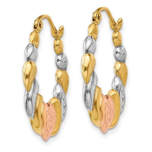 14KT Yellow Gold & White and Rose Rhodium Scalloped Heart Hoop Earrings