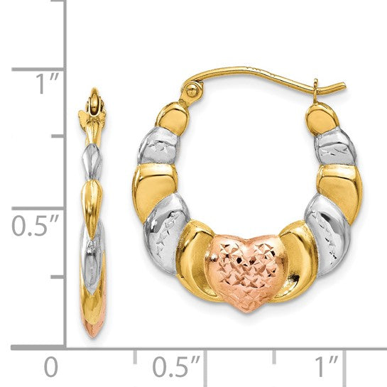 14KT Yellow Gold & White and Rose Rhodium Scalloped Heart Hoop Earrings