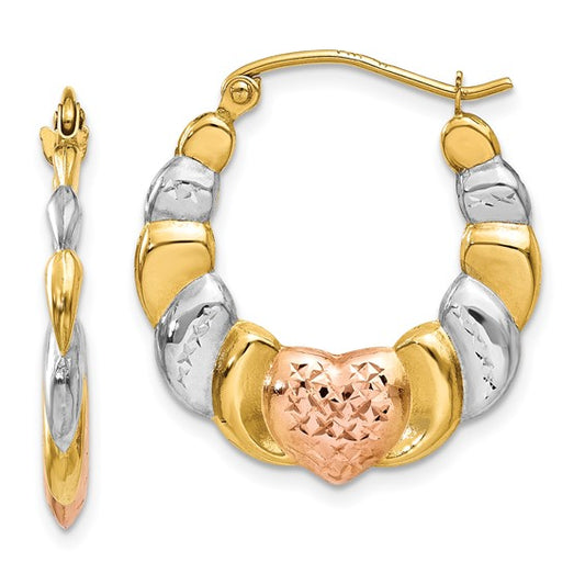 14KT Yellow Gold & White and Rose Rhodium Scalloped Heart Hoop Earrings