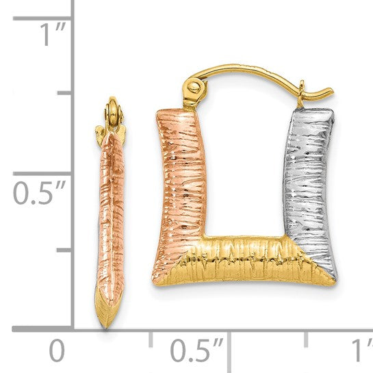 14KT & White & Rose Rhodium Hollow Textured Square Hoop Earrings