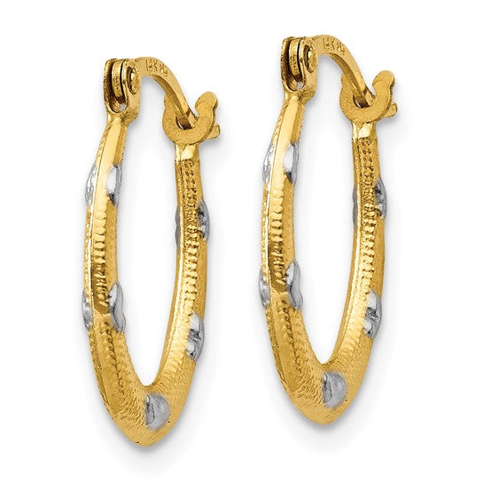14kt Rhodium Textured Hollow Oval w/ Hearts Hoop Earrings