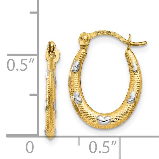 14kt Rhodium Textured Hollow Oval w/ Hearts Hoop Earrings
