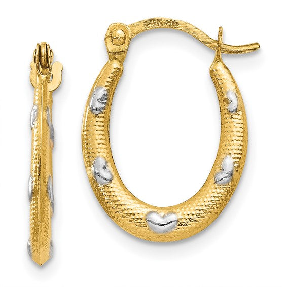 14kt Rhodium Textured Hollow Oval w/ Hearts Hoop Earrings