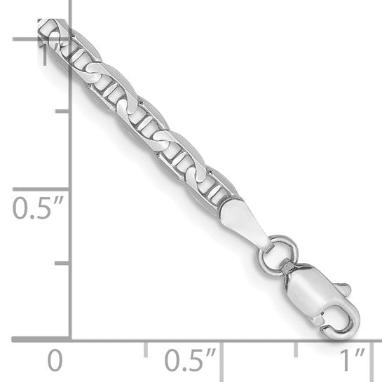 14KT White Gold 8 inch 3mm Concave Anchor with Lobster Clasp Bracelet