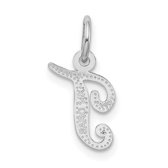 14KT White Gold Casted Script Letter T Initial Charm