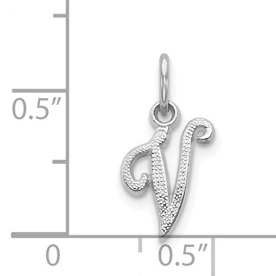 14KT White Gold Casted Script Letter V Initial Charm