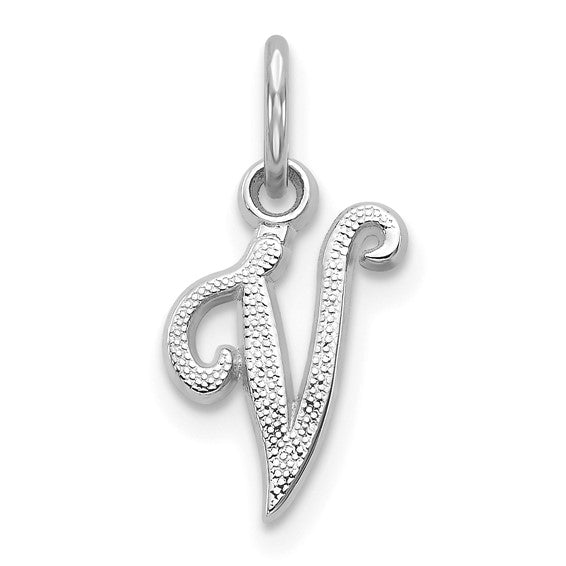 14KT White Gold Casted Script Letter V Initial Charm