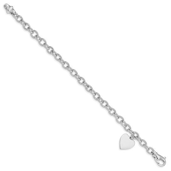 14kt White Gold 8.5 inch Polished Engravable Link with Heart Charm Bracelet