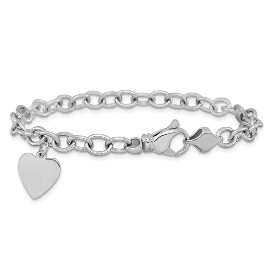 14kt White Gold 8.5 inch Polished Engravable Link with Heart Charm Bracelet