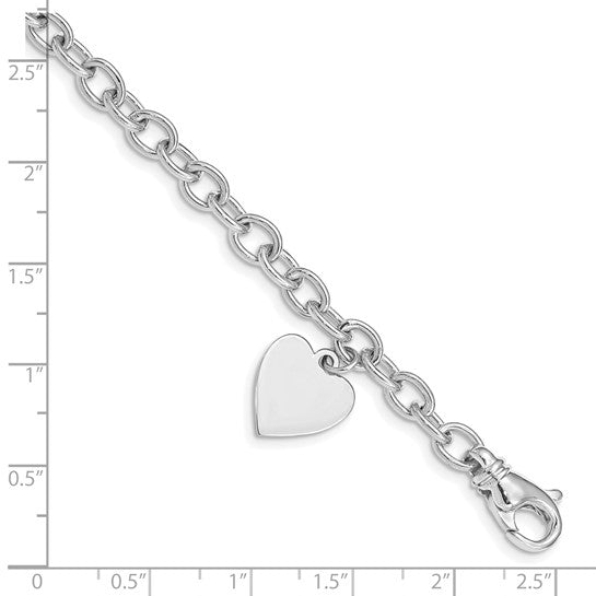 14kt White Gold 8.5 inch Polished Engravable Link with Heart Charm Bracelet
