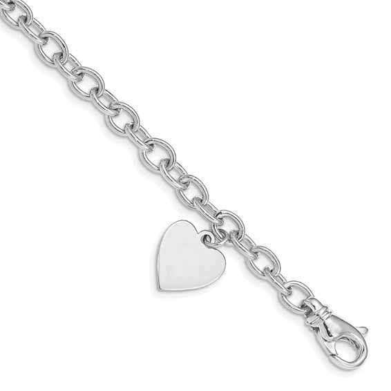14kt White Gold 8.5 inch Polished Engravable Link with Heart Charm Bracelet