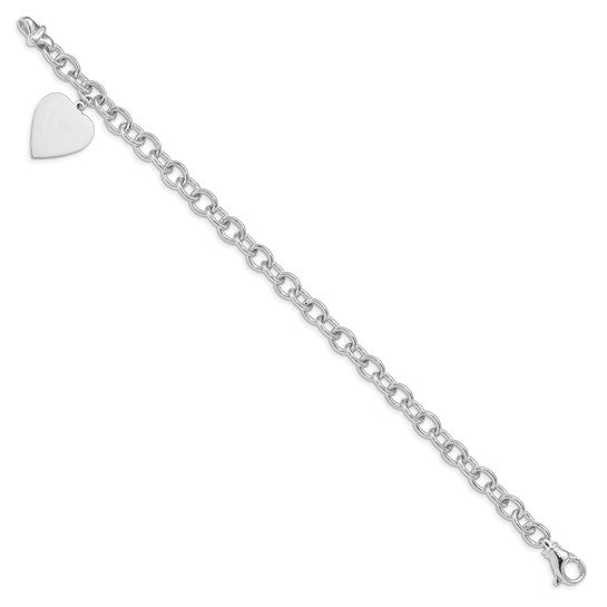 14kt White Gold 8.5 inch Polished Engravable Link with Heart Charm Bracelet