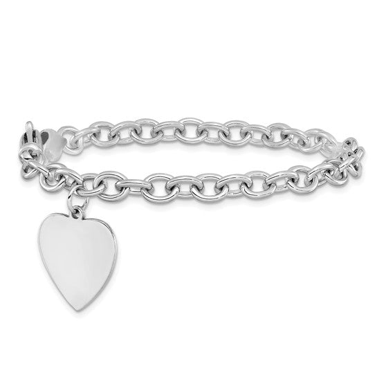 14kt White Gold 8.5 inch Polished Engravable Link with Heart Charm Bracelet