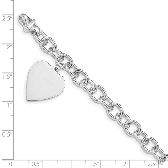 14kt White Gold 8.5 inch Polished Engravable Link with Heart Charm Bracelet