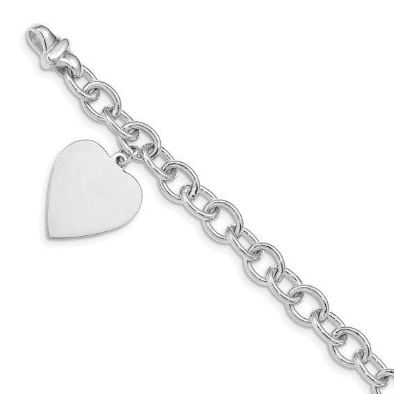 14kt White Gold 8.5 inch Polished Engravable Link with Heart Charm Bracelet