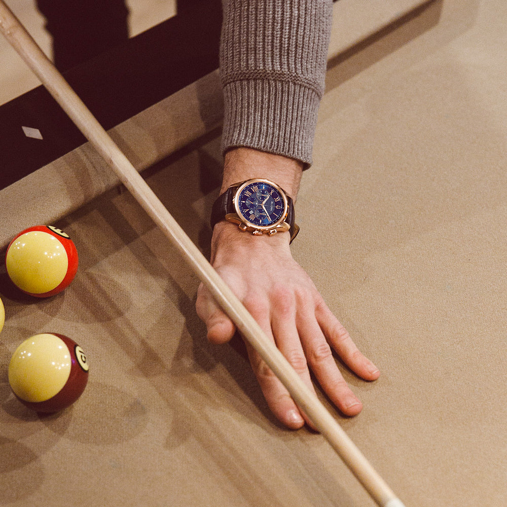 Men's Bulova Classic Chronograph Rose-Tone Strap Watch with Blue Dial