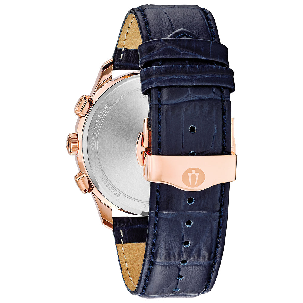 Men's Bulova Classic Chronograph Rose-Tone Strap Watch with Blue Dial (Model: 97B170)