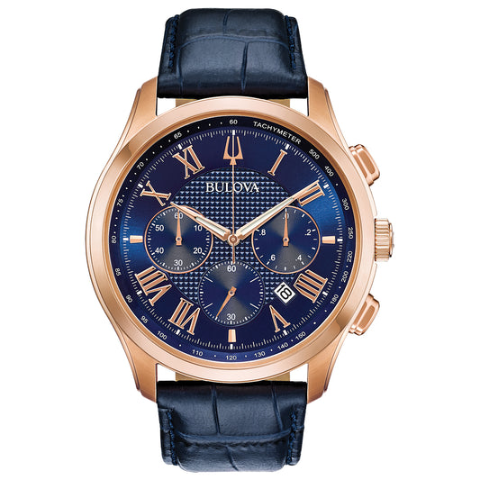 Men's Bulova Classic Chronograph Rose-Tone Strap Watch with Blue Dial