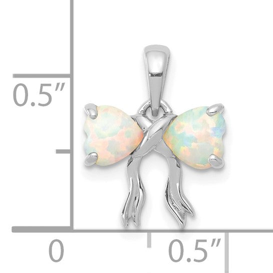 14kt White Gold Polished Created Opal Bow Pendant