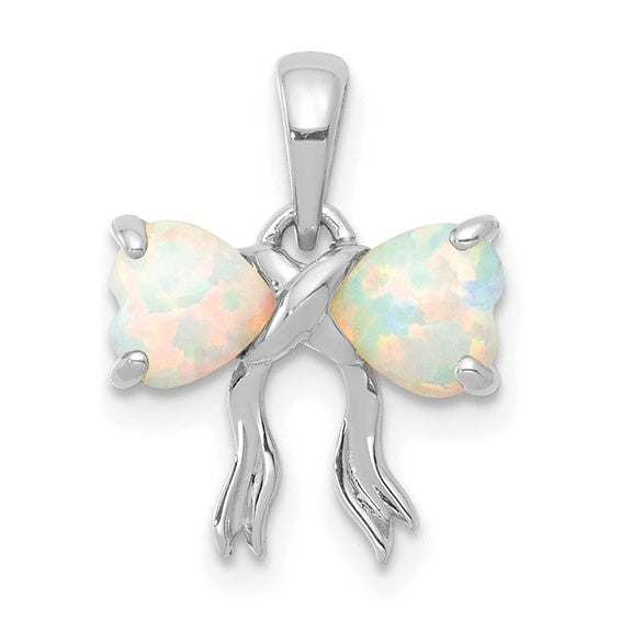 14kt White Gold Polished Created Opal Bow Pendant