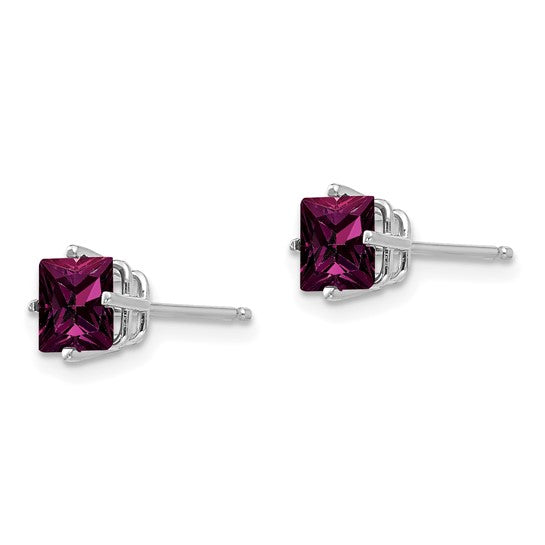 14kt White Gold Rhodolite Garnet 5mm Princess Stud Earrings