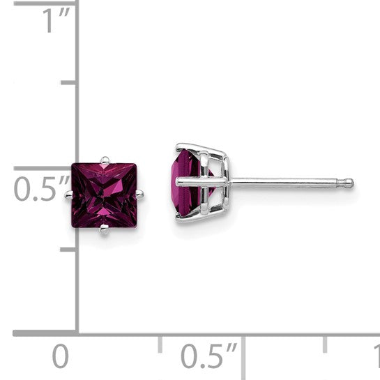 14kt White Gold Rhodolite Garnet 5mm Princess Stud Earrings