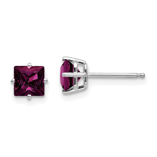 14kt White Gold Rhodolite Garnet 5mm Princess Stud Earrings