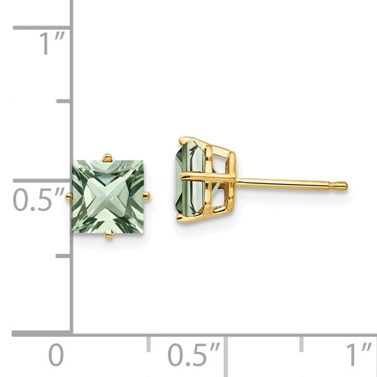 14kt Yellow Gold 6mm Square Green Quartz Earrings