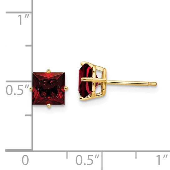 14kt Yellow Gold 6mm Princess Cut Garnet Earrings