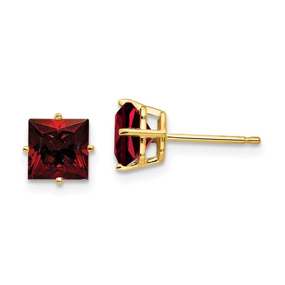 14kt Yellow Gold 6mm Princess Cut Garnet Earrings