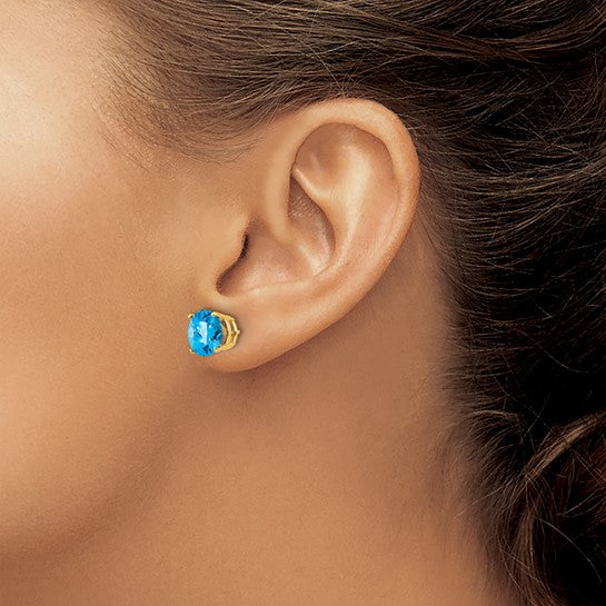 14kt Yellow Gold 8mm Blue Topaz Checker Earrings
