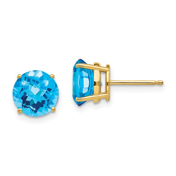14kt Yellow Gold 8mm Blue Topaz Checker Earrings