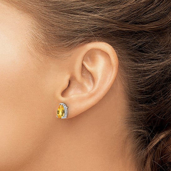 14kt White Gold 9x6mm Pear Citrine Checker Earrings