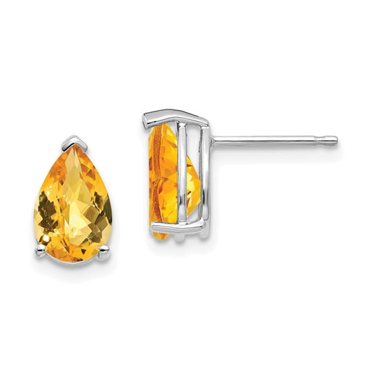 14kt White Gold 9x6mm Pear Citrine Checker Earrings