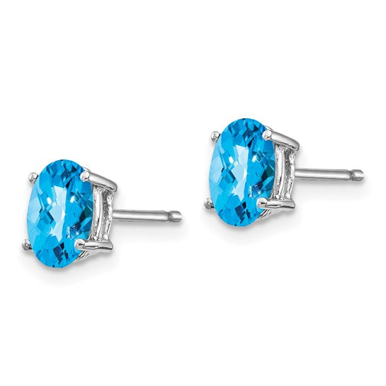 14kt White Gold 7x5mm Oval Blue Topaz Checker Earrings