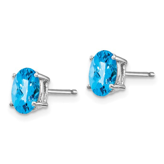 14kt White Gold 7x5mm Oval Blue Topaz Checker Earrings