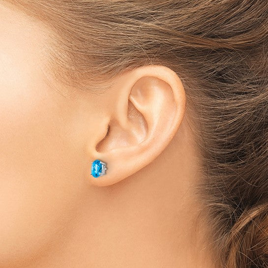 14kt White Gold 7x5mm Oval Blue Topaz Checker Earrings