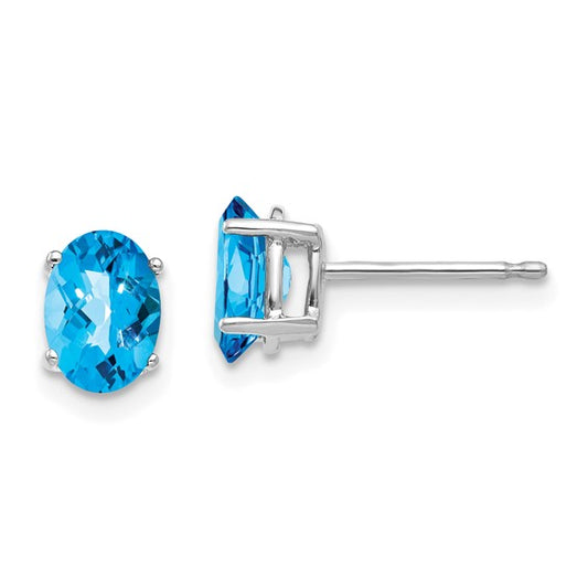 14kt White Gold 7x5mm Oval Blue Topaz Checker Earrings