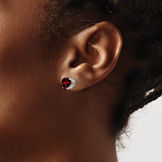 14kt White Gold 7mm Heart Garnet Earrings