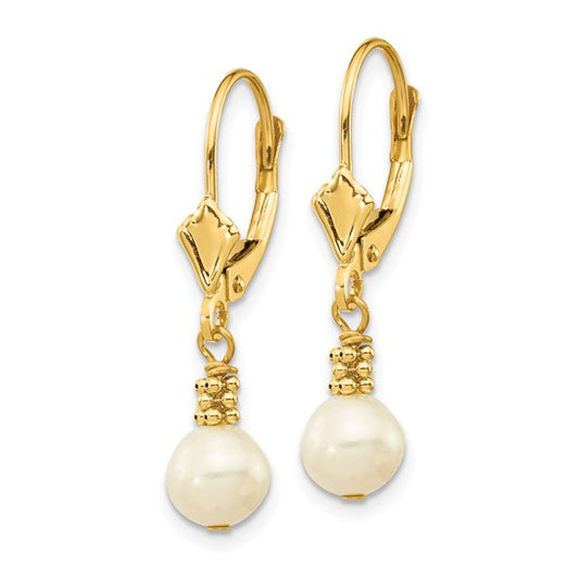 14kt Yellow Gold 5-6mm White Semi-round Freshwater Cultured Pearl Dangle Leverback Earrings