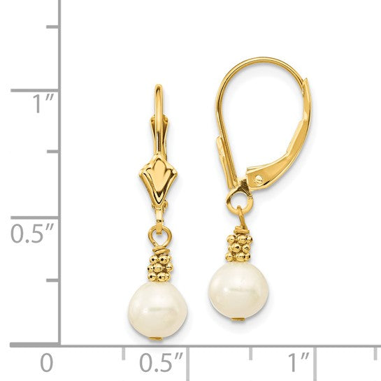 14kt Yellow Gold 5-6mm White Semi-round Freshwater Cultured Pearl Dangle Leverback Earrings