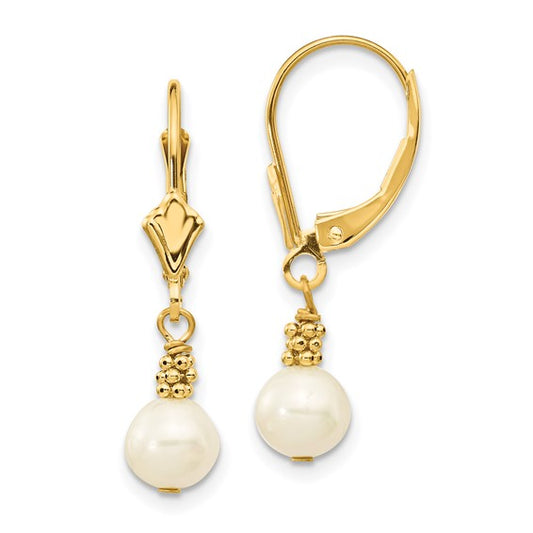 14kt Yellow Gold 5-6mm White Semi-round Freshwater Cultured Pearl Dangle Leverback Earrings