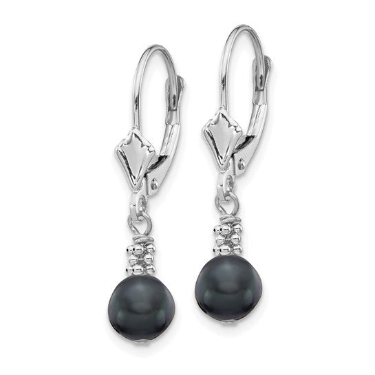 14kt White Gold 5-6mm Black Semi-round Freshwater Cultured Pearl Dangle Leverback Earrings