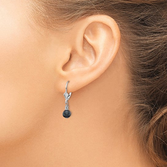 14kt White Gold 5-6mm Black Semi-round Freshwater Cultured Pearl Dangle Leverback Earrings