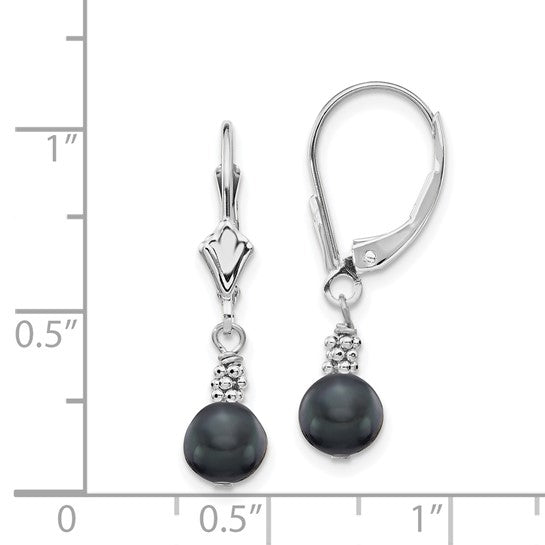 14kt White Gold 5-6mm Black Semi-round Freshwater Cultured Pearl Dangle Leverback Earrings