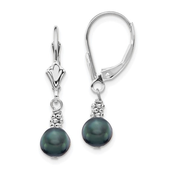 14kt White Gold 5-6mm Black Semi-round Freshwater Cultured Pearl Dangle Leverback Earrings